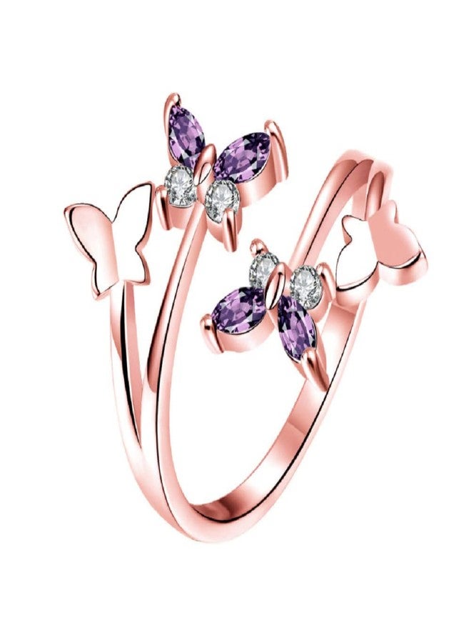 LRGKMCWTOB Women's 925 Sterling Silver Jewelry Shiny Butterfly Opening Adjustable Purple Zirconia Rose Gold Plated Rings Birthstone CZ Butterfly Shape Purple Austrian Crystals Rings (Rose Gold) - Image 1